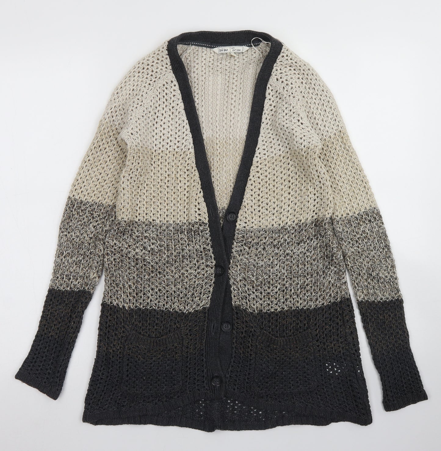 Fat Face Womens Grey V-Neck Striped Cotton Cardigan Jumper Size 8