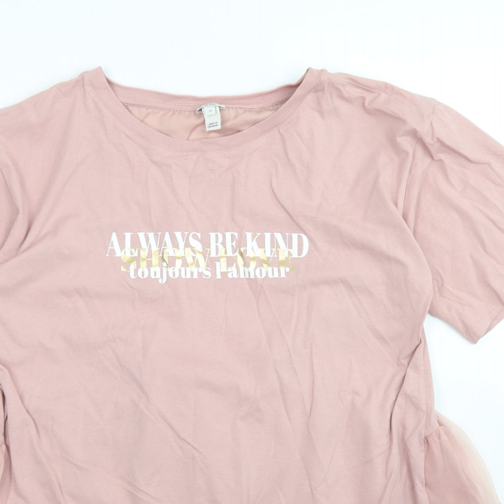 River Island Womens Pink  Cotton Basic T-Shirt Size 14 Crew Neck - Tulle Back
