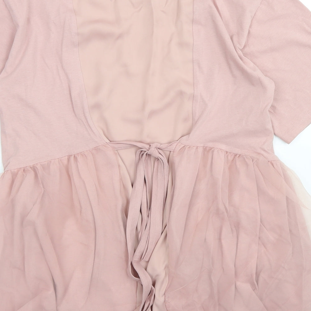 River Island Womens Pink  Cotton Basic T-Shirt Size 14 Crew Neck - Tulle Back