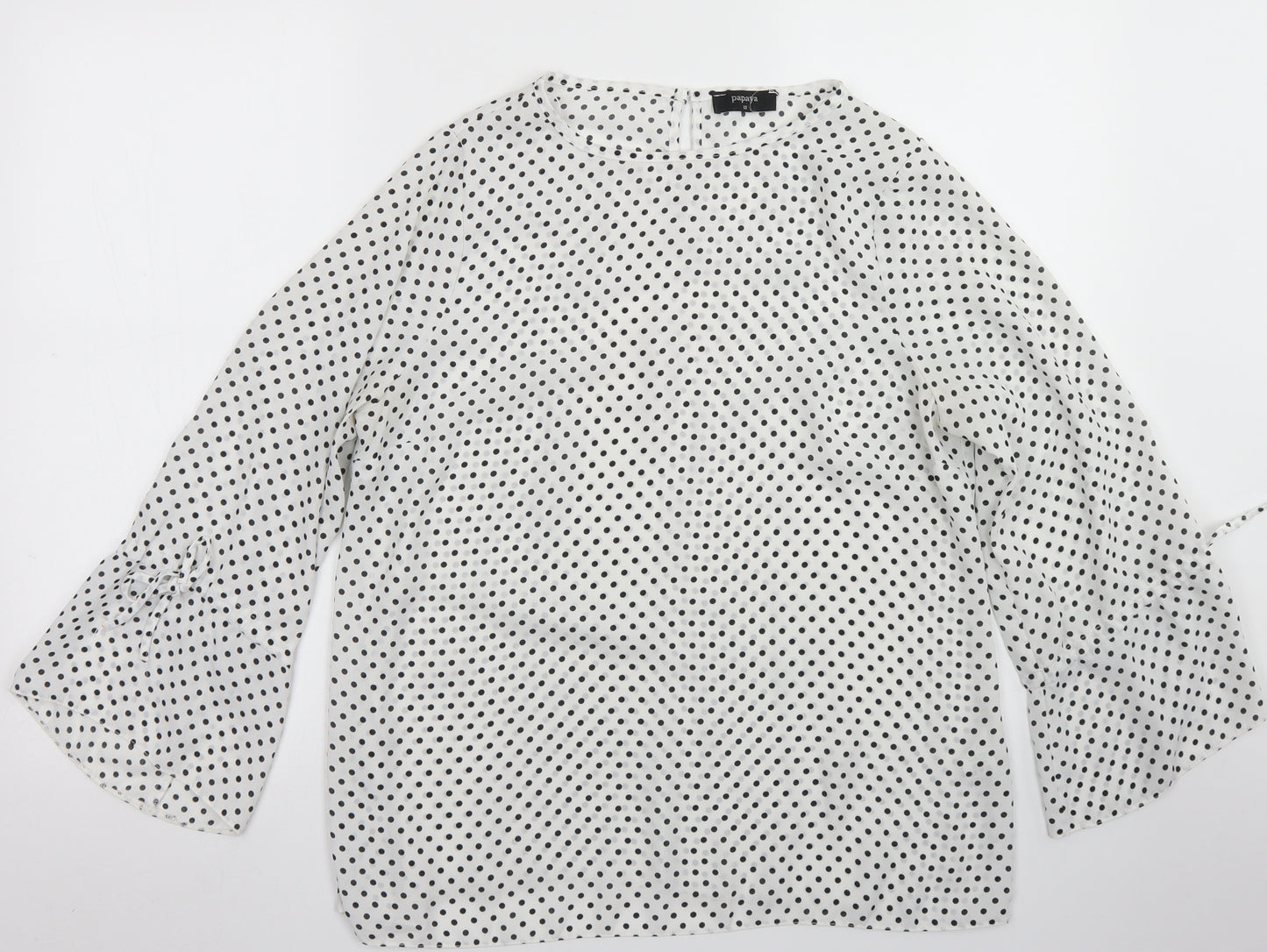 Papaya Womens White Polka Dot Polyester Basic Blouse Size 12 Round Neck - Bell Sleeve