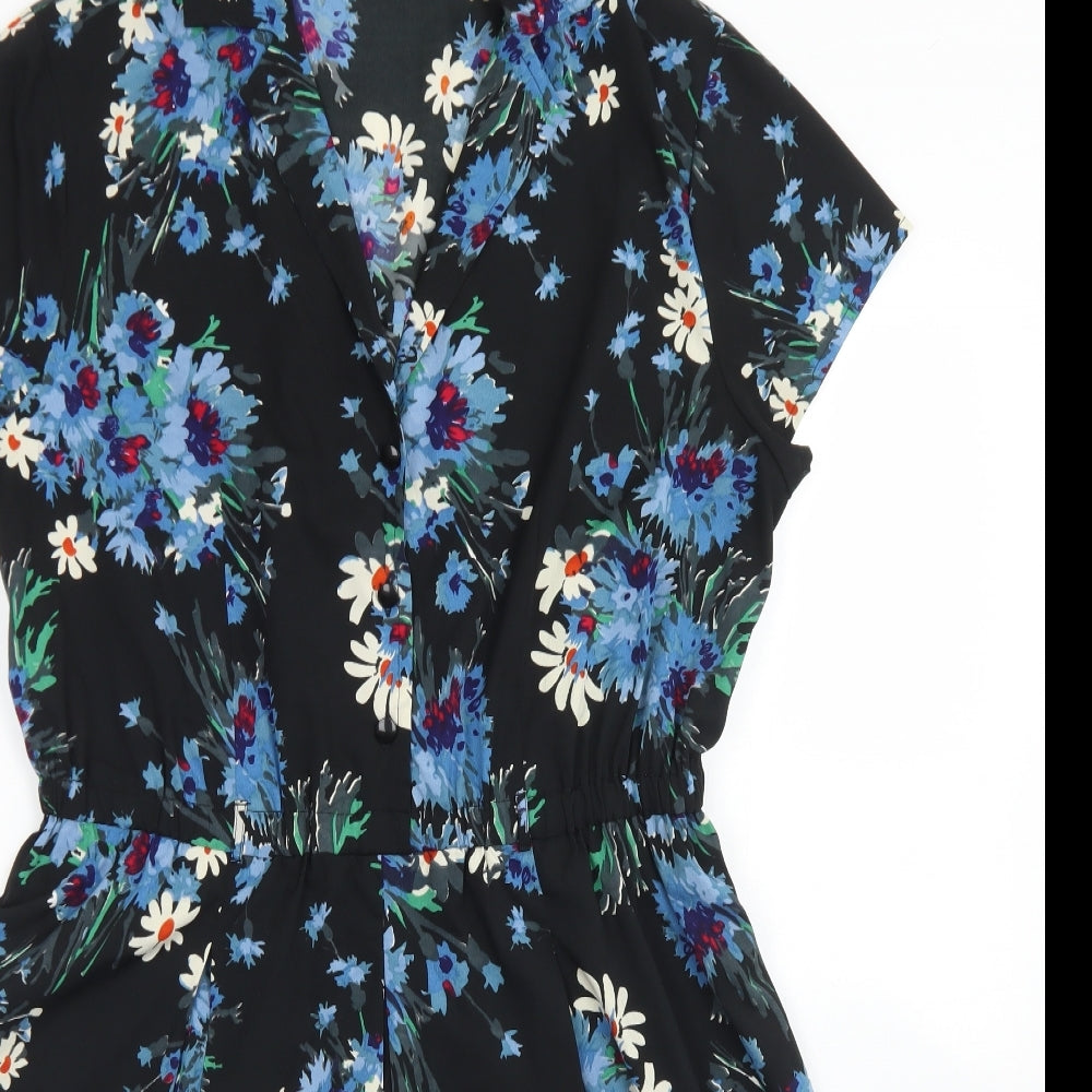 NEXT Womens Black Floral Polyester Skater Dress  Size 14  Collared Button