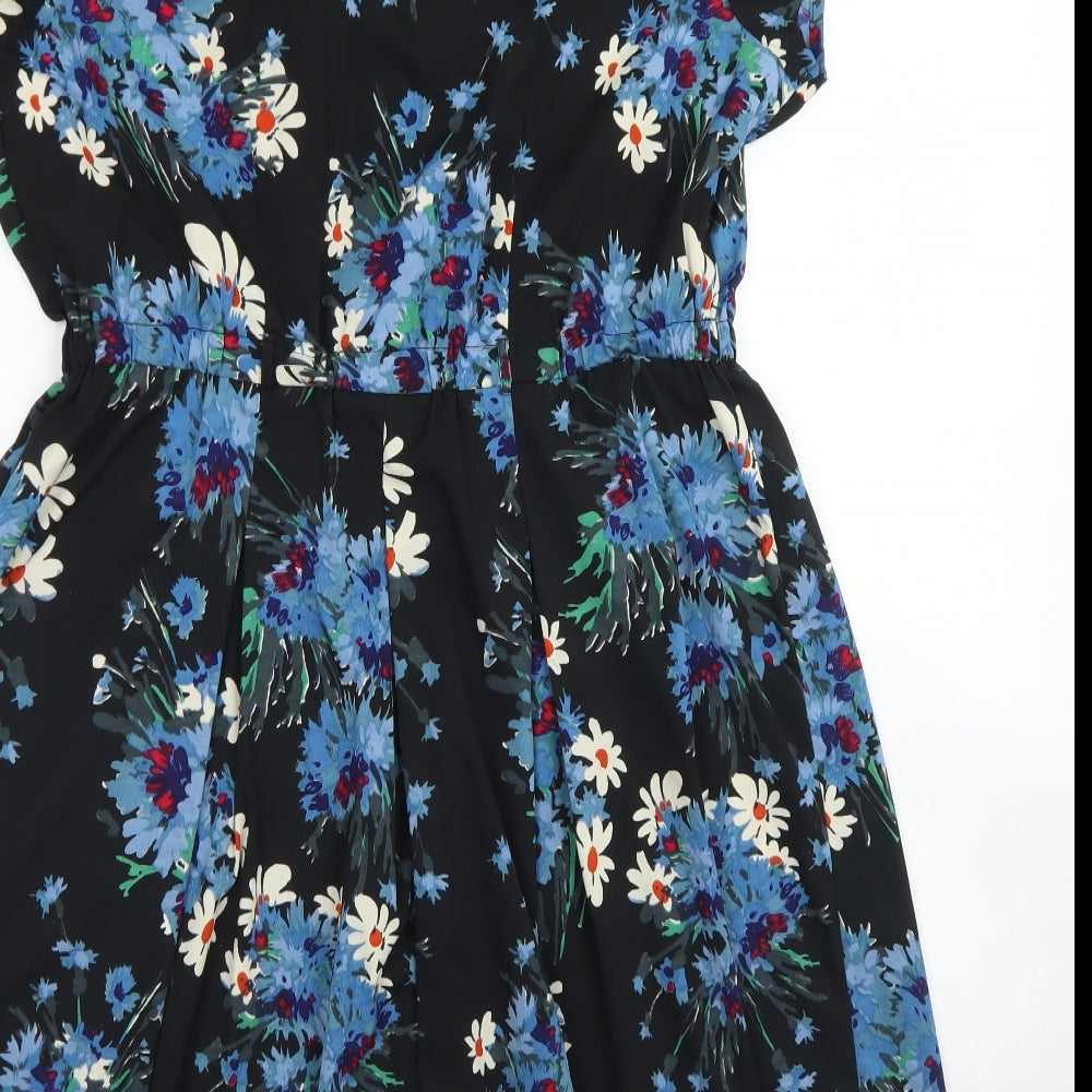 NEXT Womens Black Floral Polyester Skater Dress  Size 14  Collared Button