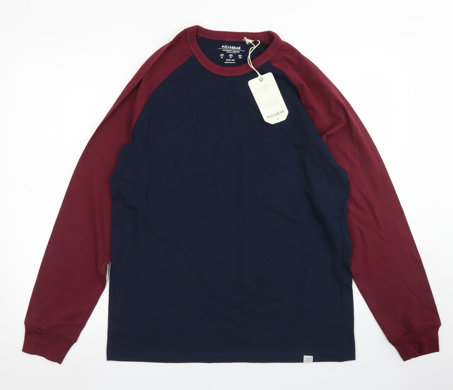 Pull & Bear Mens Blue Colourblock Cotton  T-Shirt Size M Crew Neck