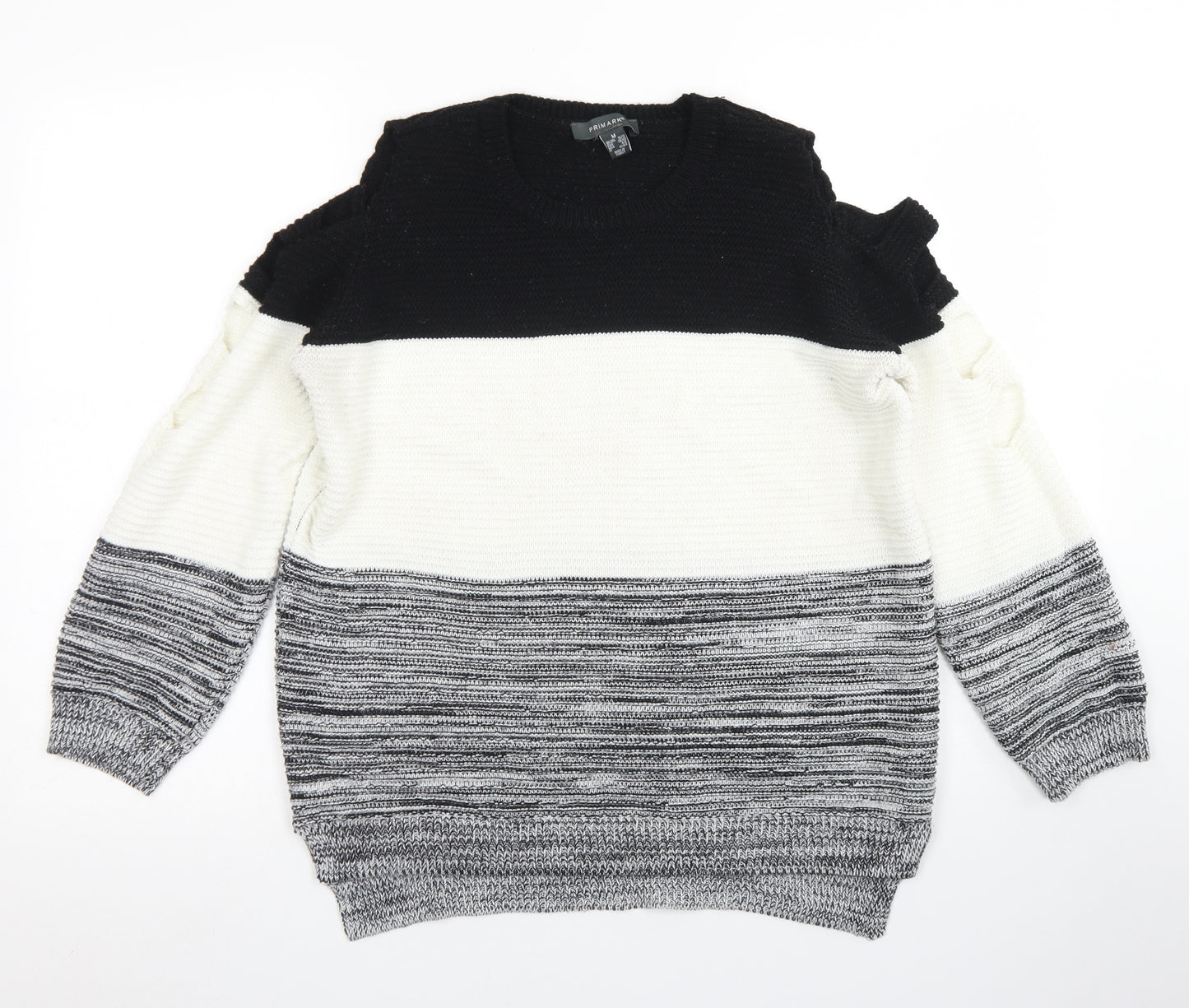 Primark Womens Grey Round Neck Striped Acrylic Pullover Jumper Size M   - Cut out Sleeves