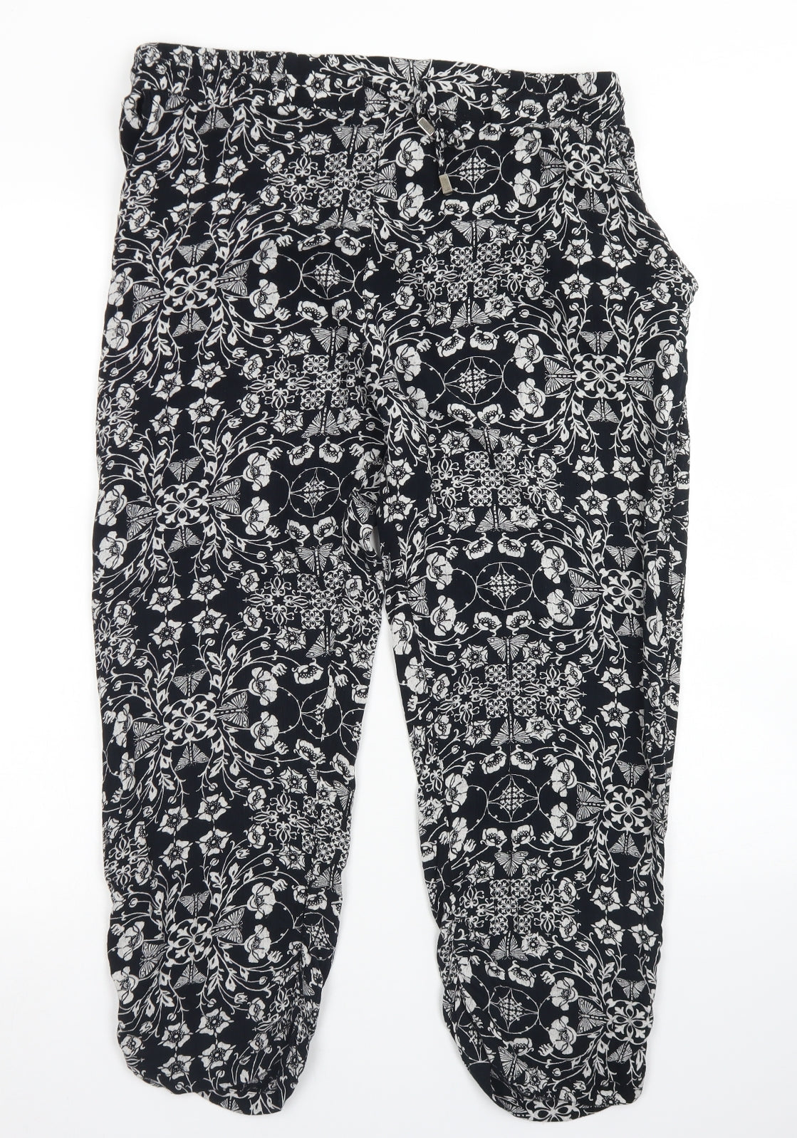 Peacocks Womens Black Floral Viscose Pedal Pusher Trousers Size 16 L20 in Regular Drawstring