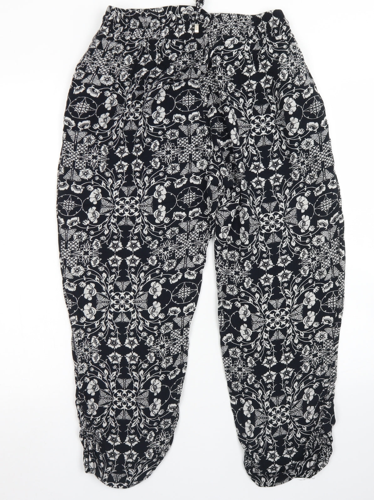 Peacocks Womens Black Floral Viscose Pedal Pusher Trousers Size 16 L20 in Regular Drawstring