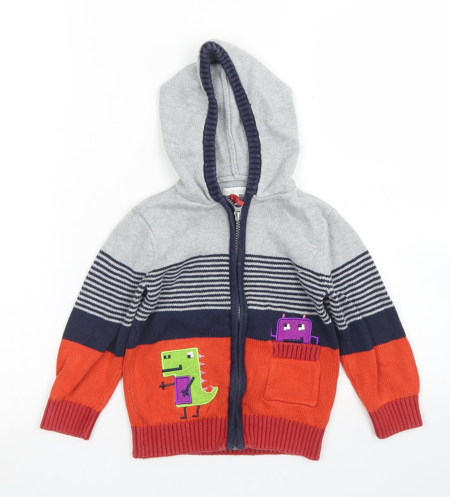 Bluezoo Boys Grey Crew Neck Striped Cotton Cardigan Jumper Size 2-3 Years  Zip - Dinosaur