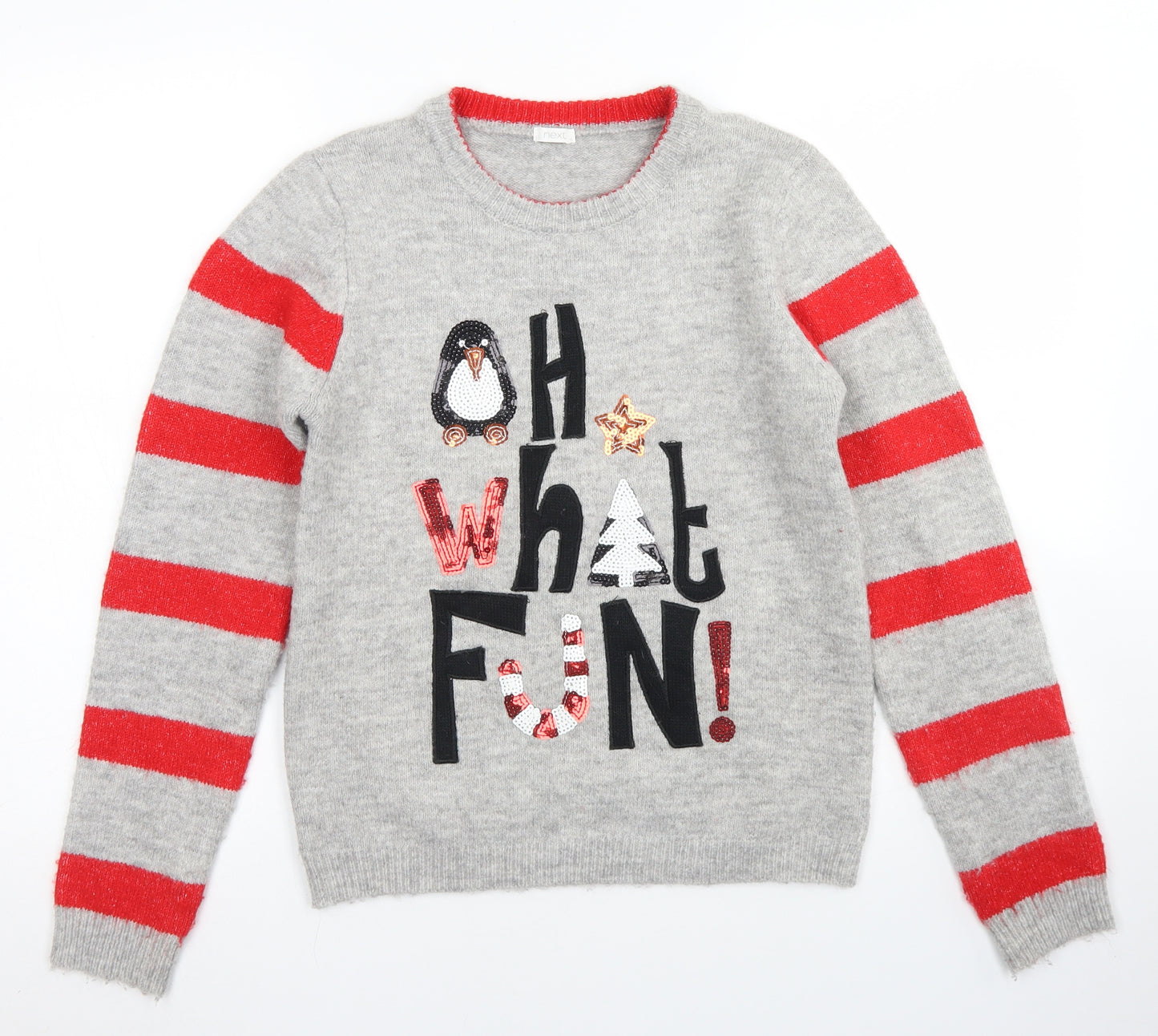 NEXT Girls Grey Crew Neck Striped Acrylic Pullover Jumper Size 11 Years   - Christmas Jumper