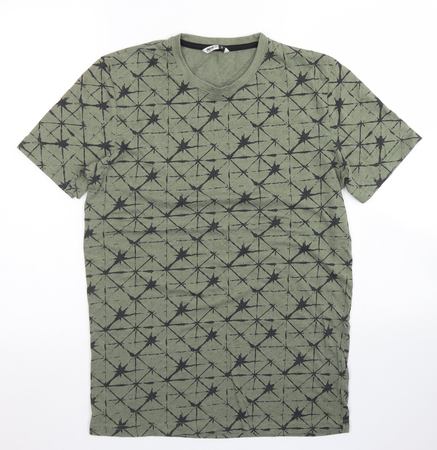 Pep & Co Mens Green Geometric Cotton  T-Shirt Size S Crew Neck
