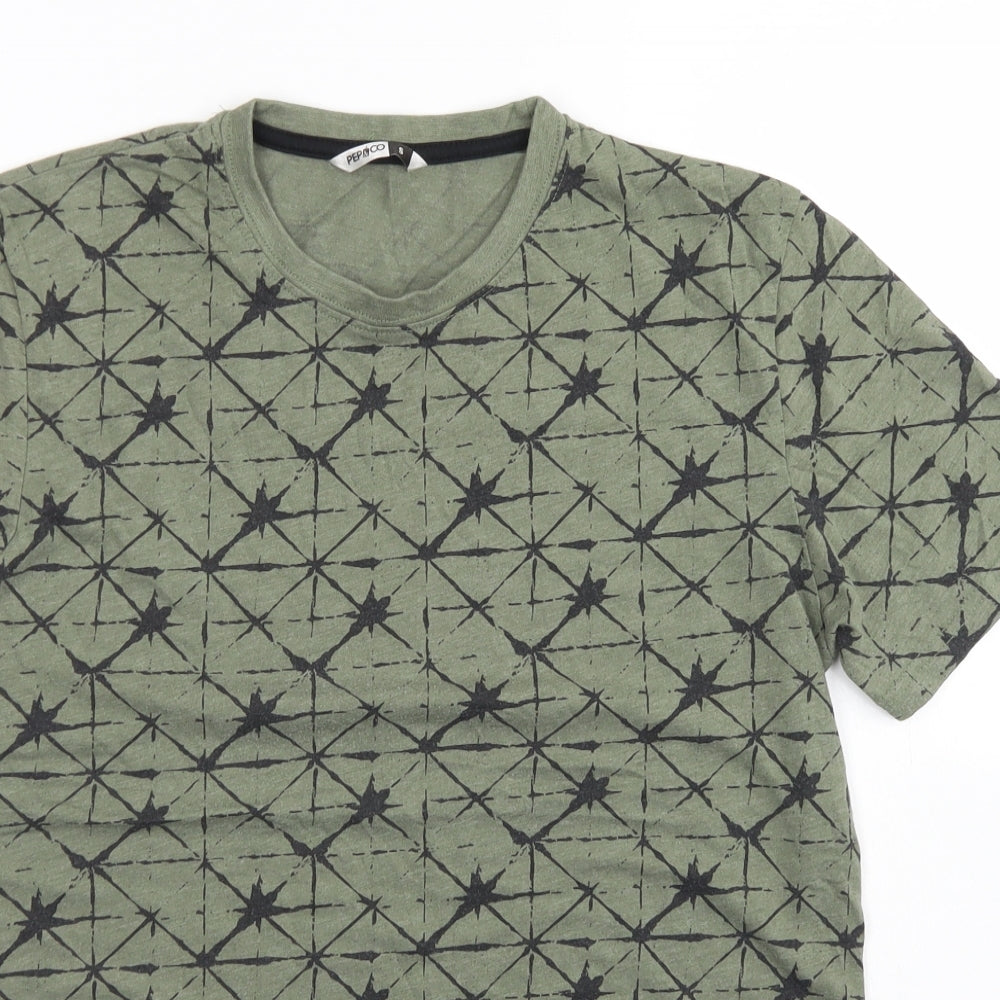 Pep & Co Mens Green Geometric Cotton  T-Shirt Size S Crew Neck