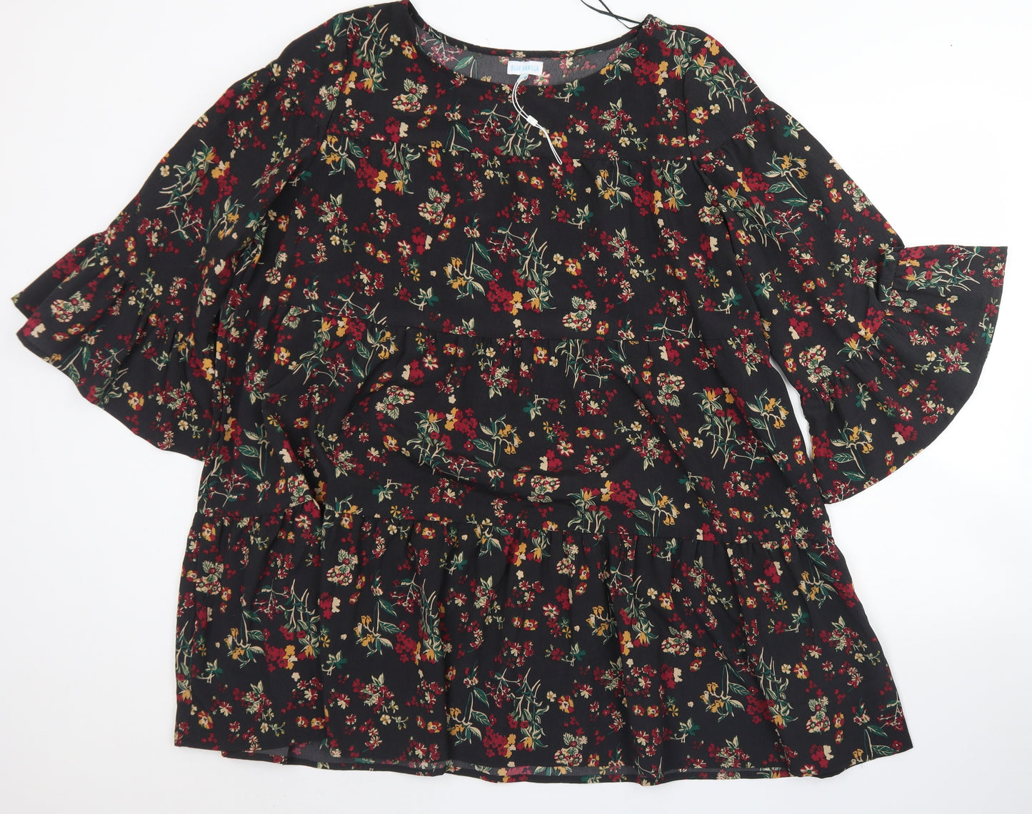 Blue Vanilla Womens Black Floral Polyester Trapeze & Swing  Size L  Round Neck