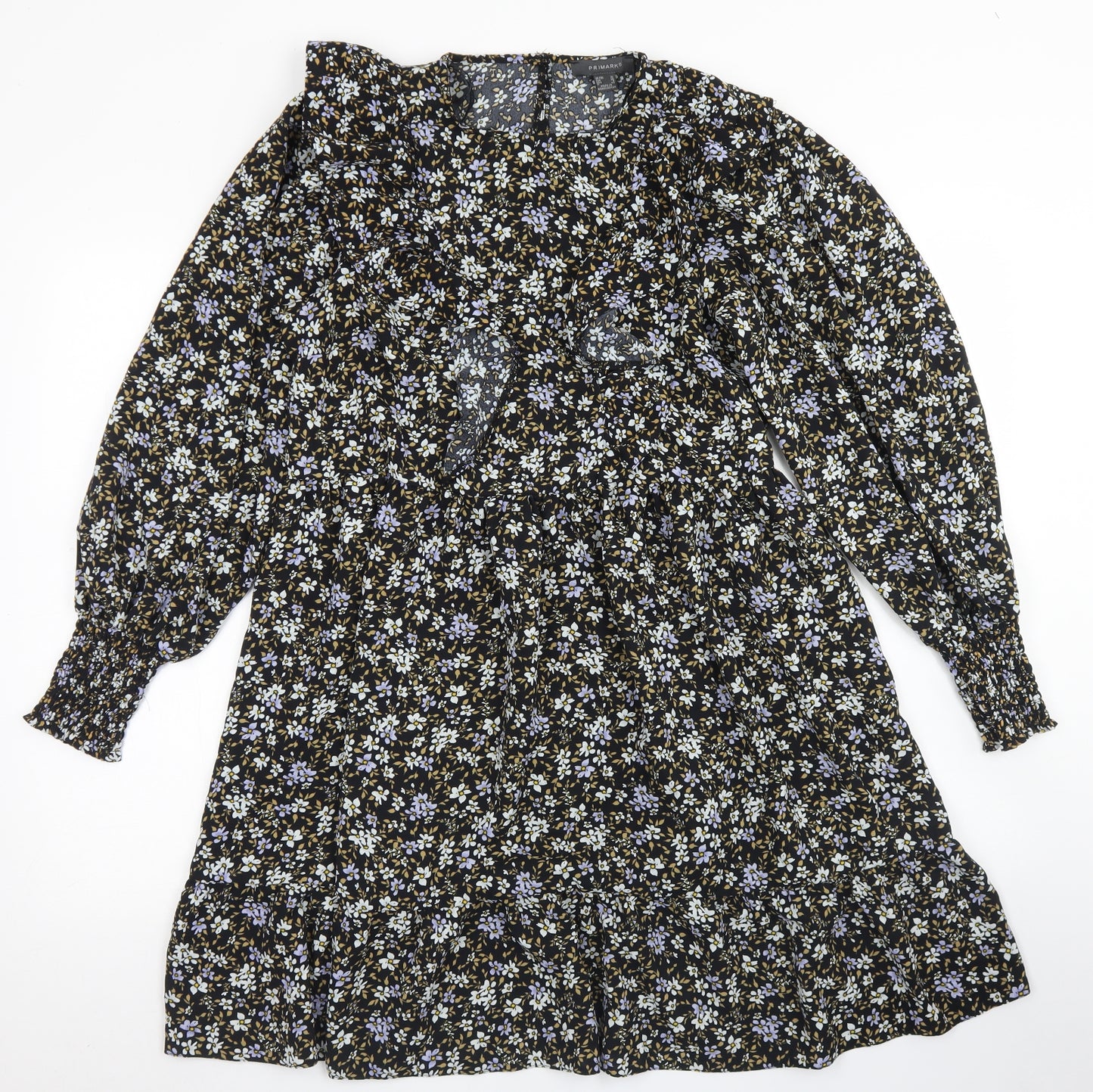 Primark Womens Black Floral Polyester Skater Dress  Size 10  Round Neck Button