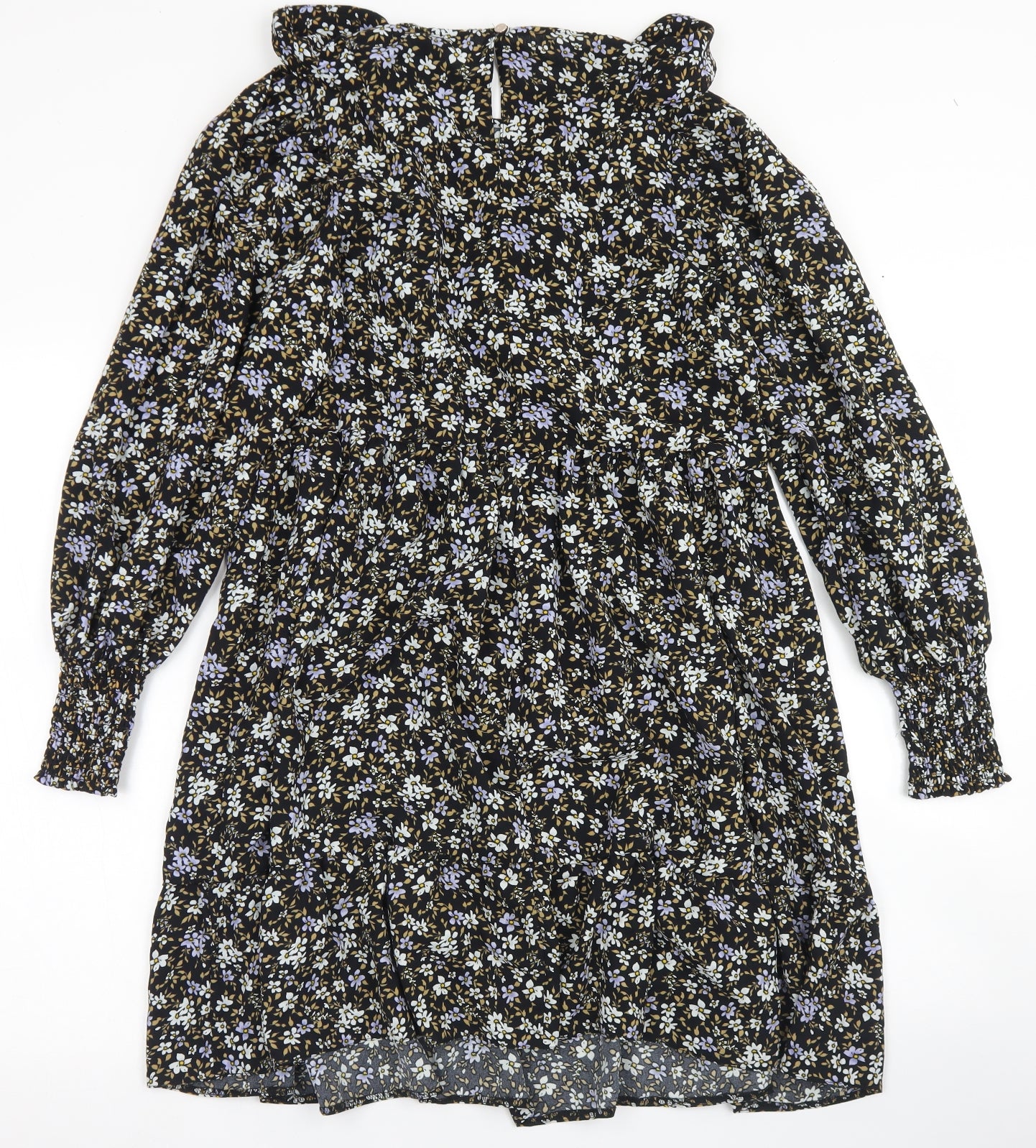 Primark Womens Black Floral Polyester Skater Dress  Size 10  Round Neck Button