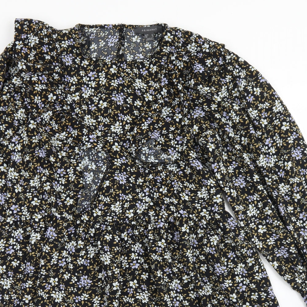 Primark Womens Black Floral Polyester Skater Dress  Size 10  Round Neck Button