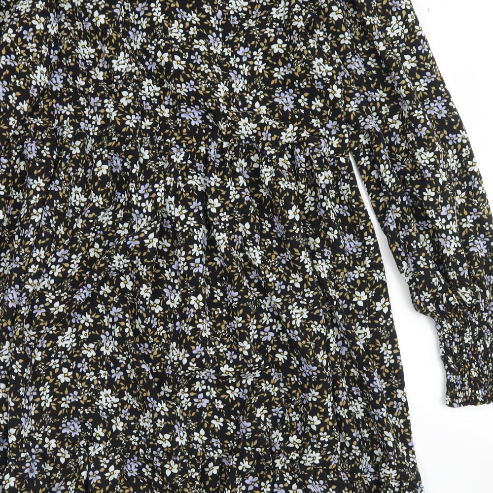 Primark Womens Black Floral Polyester Skater Dress  Size 10  Round Neck Button