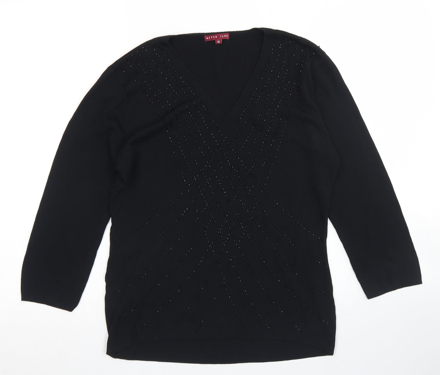 After Dark Womens Black  Nylon Basic Blouse Size M V-Neck