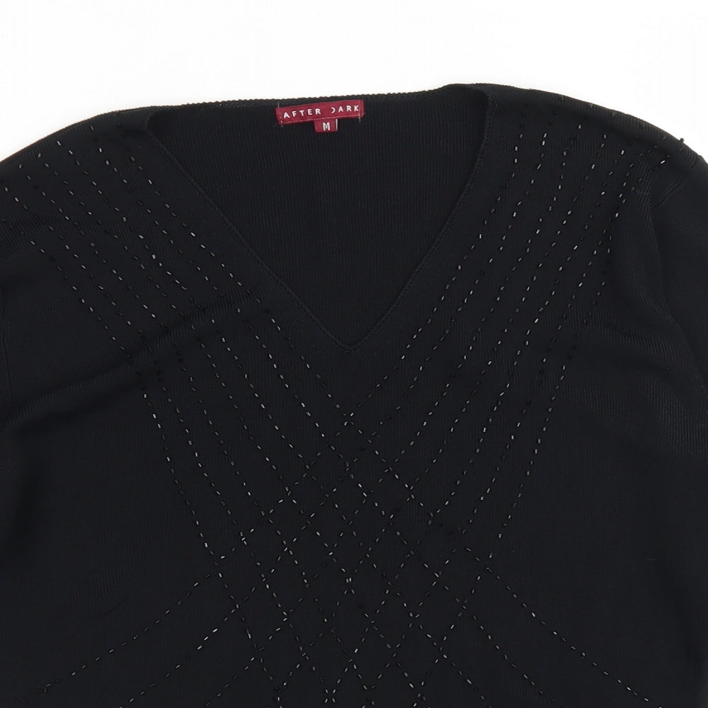 After Dark Womens Black  Nylon Basic Blouse Size M V-Neck