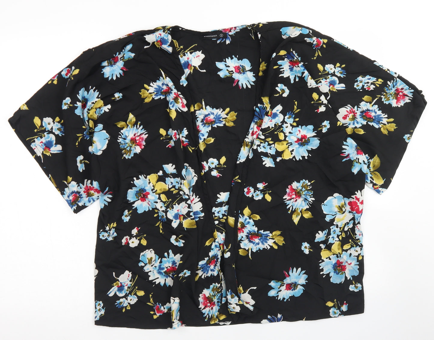 Atmosphere Womens Black Floral Polyester Kimono Blouse Size S Round Neck