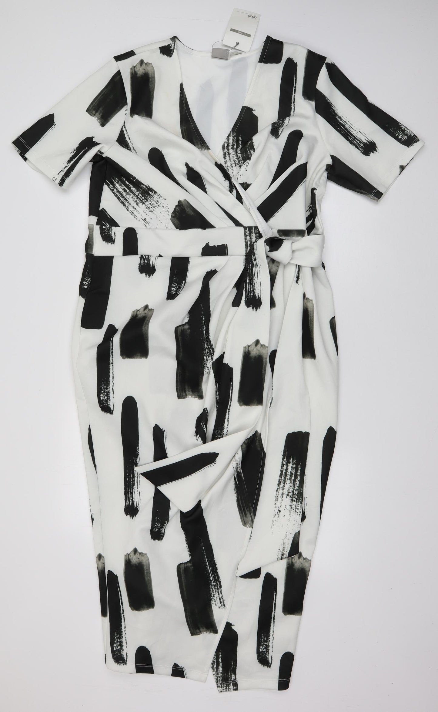 Oasis Womens White Geometric Polyester Wrap Dress  Size 20  V-Neck Tie