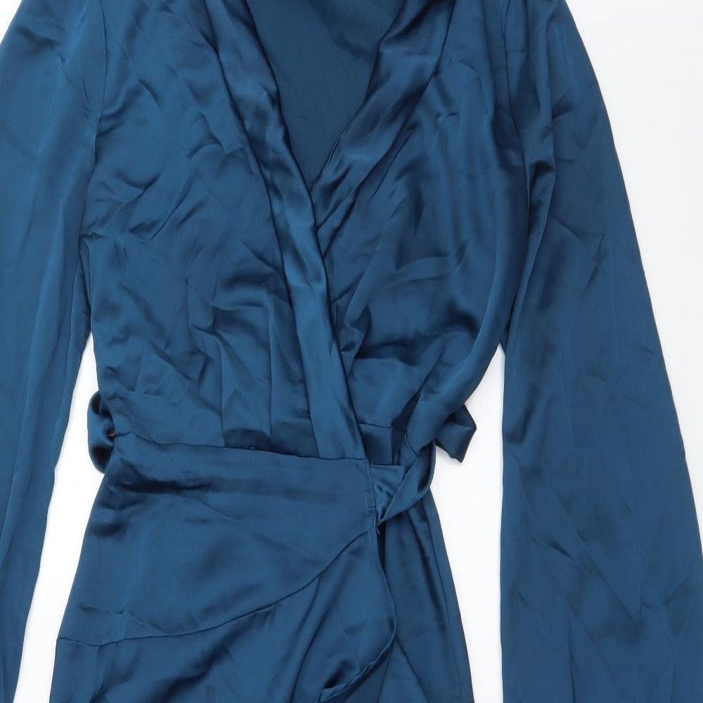Boohoo Womens Blue  Polyester Wrap Dress  Size 12  V-Neck Tie