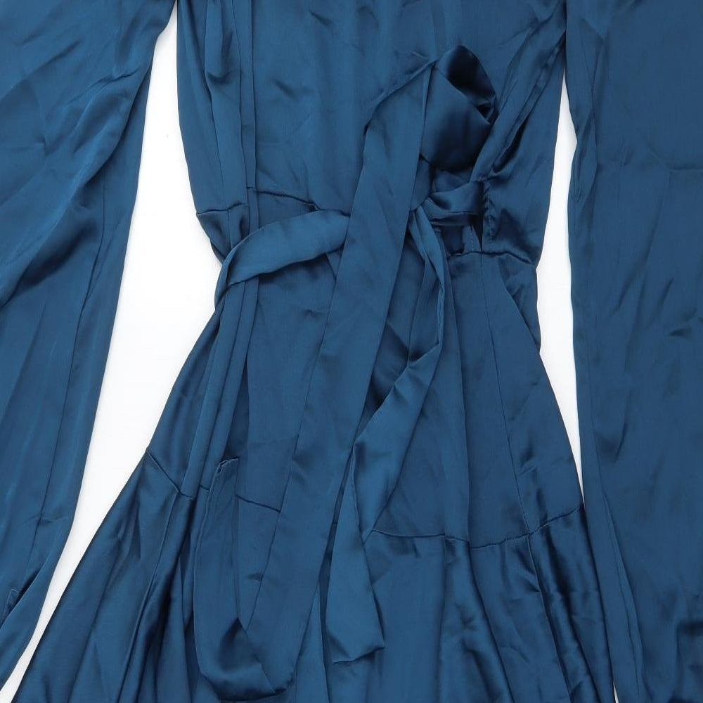 Boohoo Womens Blue  Polyester Wrap Dress  Size 12  V-Neck Tie