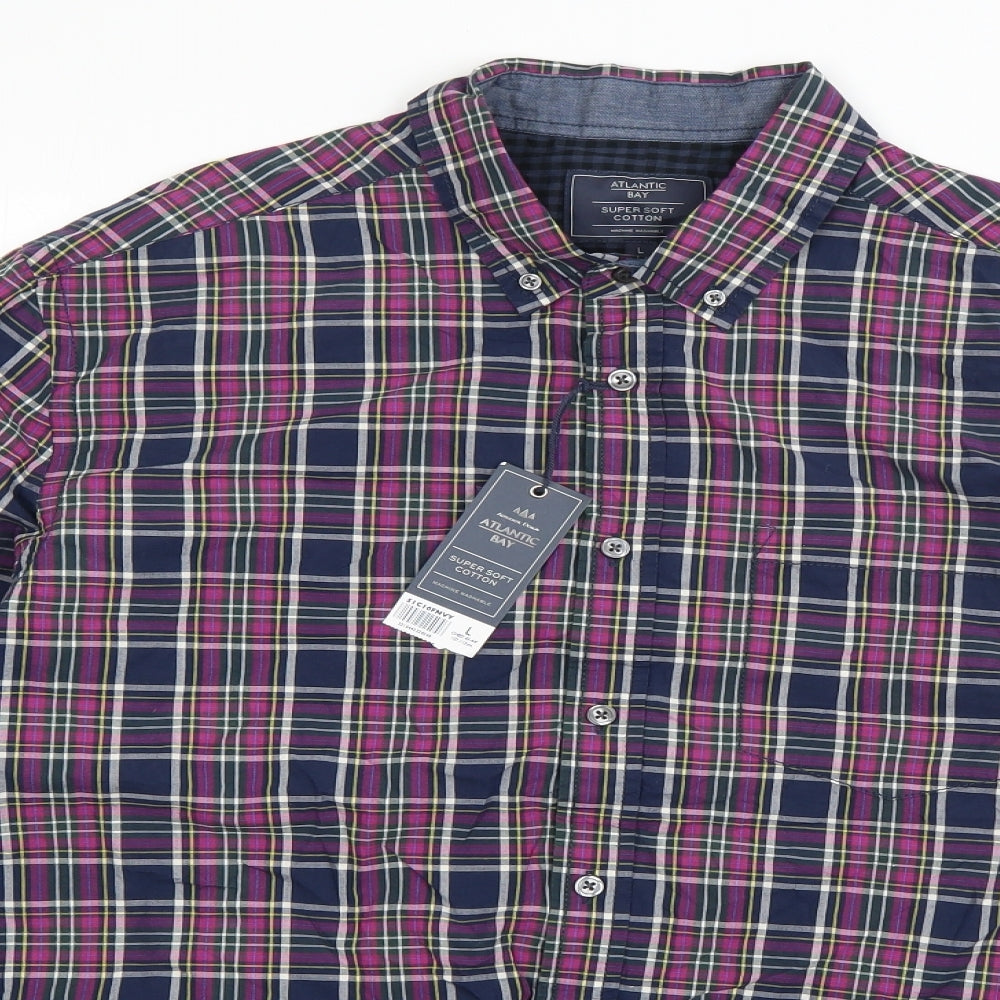 Atlantic Bay Mens Purple Plaid Cotton  Button-Up Size L Collared Button