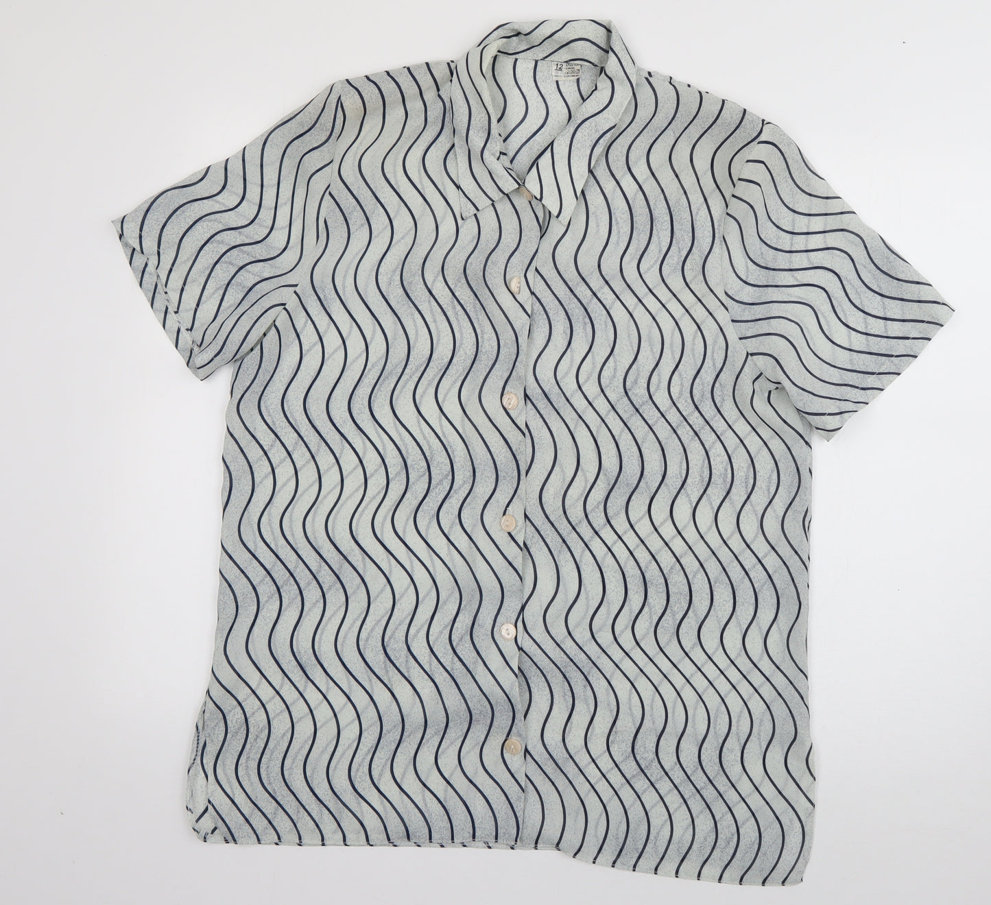 Preworn Womens Grey Striped Polyester Basic Blouse Size 12 Collared