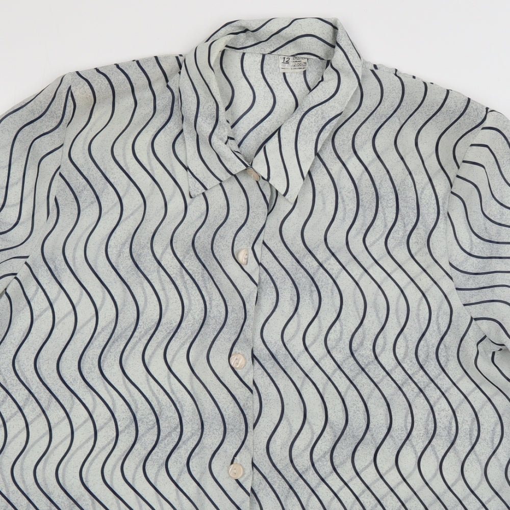 Preworn Womens Grey Striped Polyester Basic Blouse Size 12 Collared