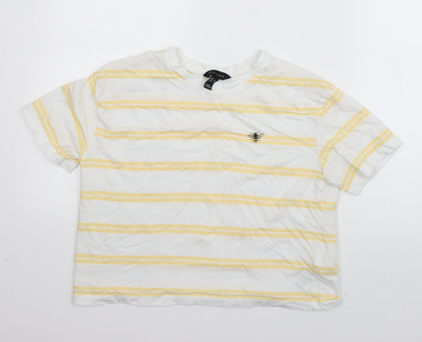New Look Womens White Striped Cotton Basic T-Shirt Size 8 Round Neck - Bee