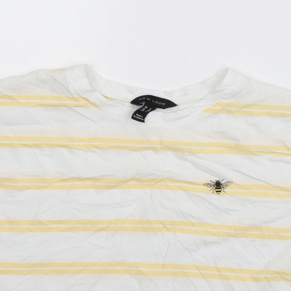 New Look Womens White Striped Cotton Basic T-Shirt Size 8 Round Neck - Bee