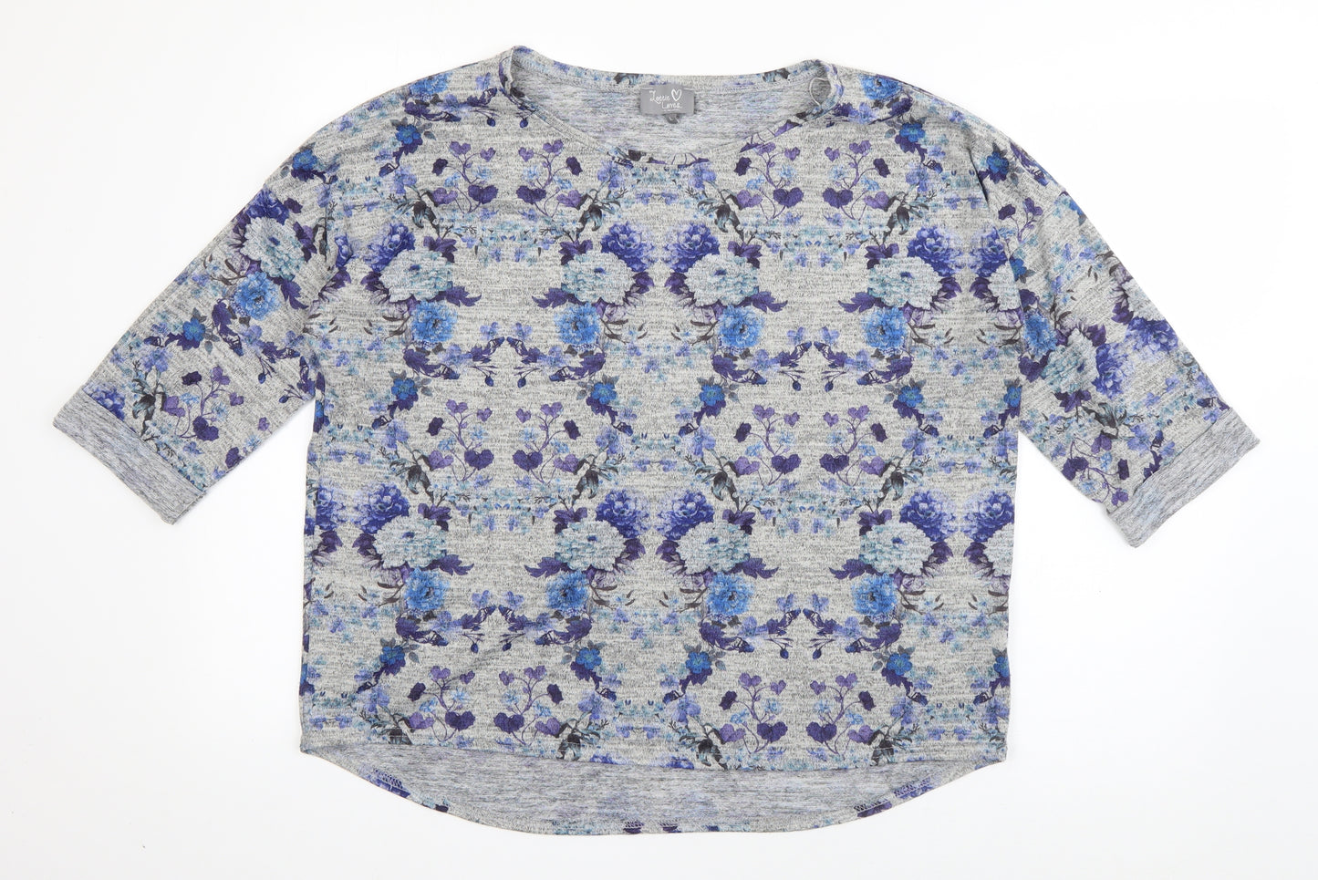 Lottie Loves Womens Grey Floral Polyester Basic T-Shirt Size L Boat Neck