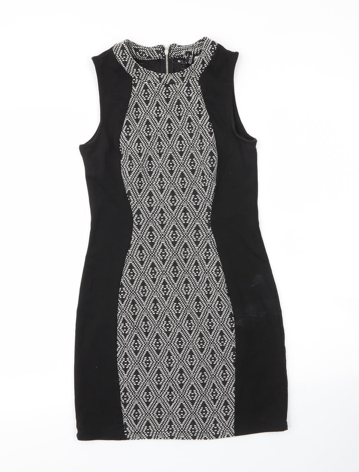 H&M Womens Black Argyle/Diamond Cotton Sheath Size 6 Round Neck Zip