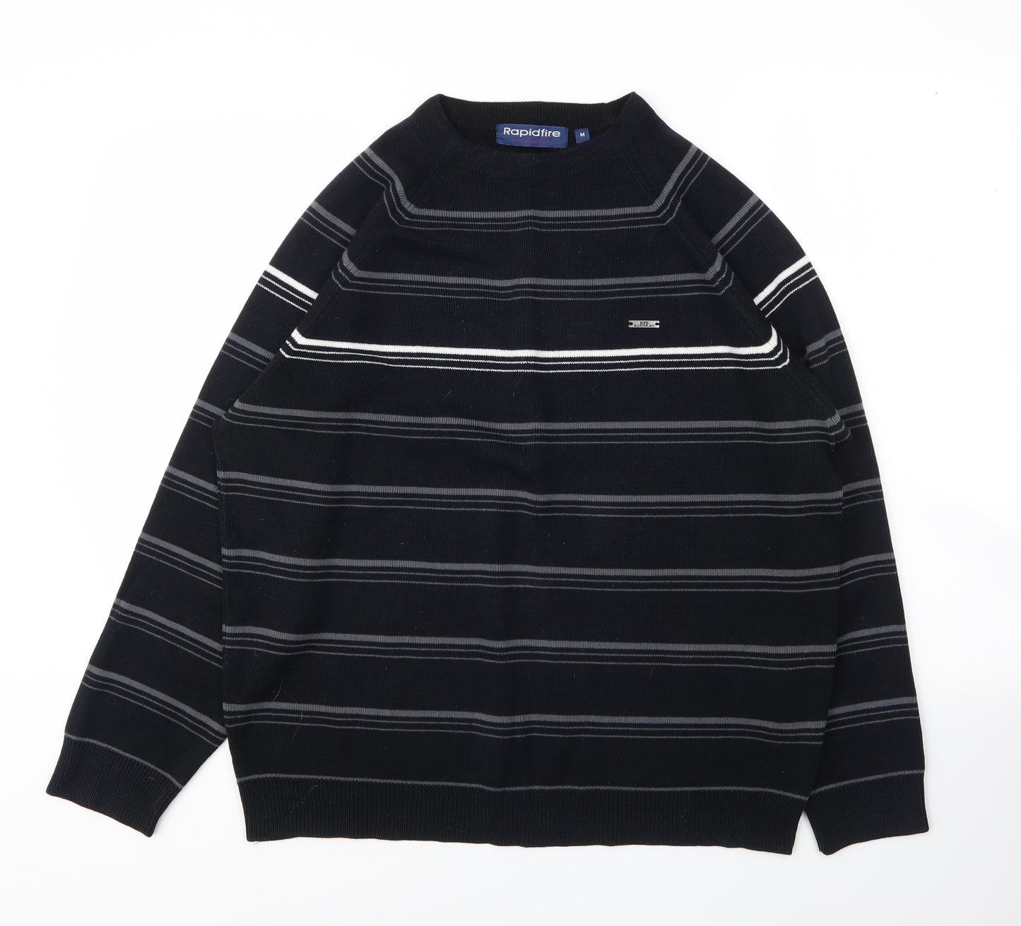 Rapid Fire Mens Black V-Neck Striped Acrylic Pullover Jumper Size M
