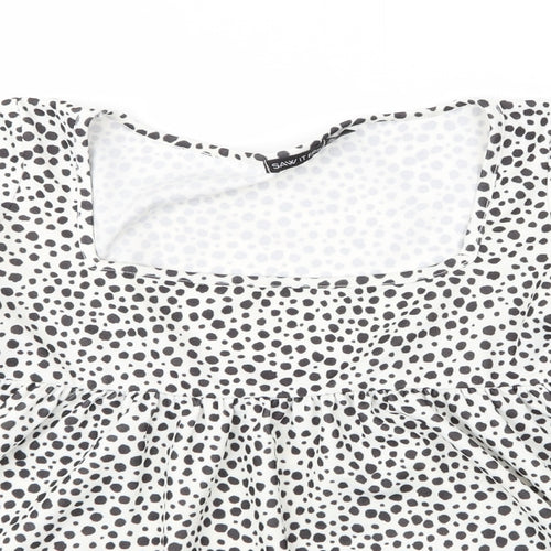 I SAW IT FIRST Womens White Animal Print Polyester Cropped Blouse Size 6 Square Neck - Leopard print
