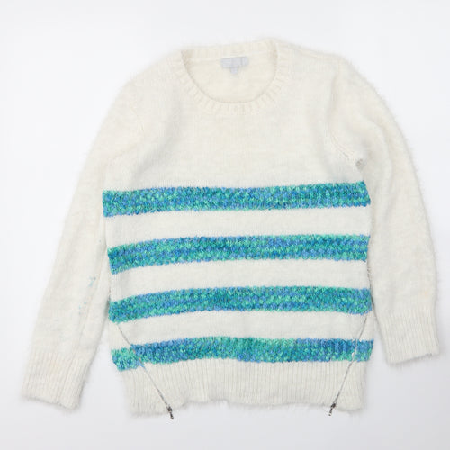 Debenhams Womens White Round Neck Striped Acrylic Pullover Jumper Size 10