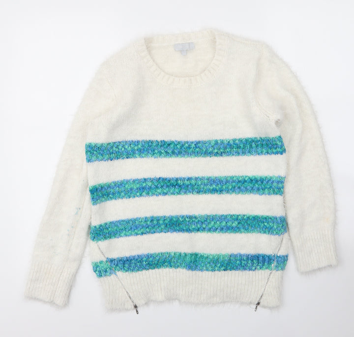 Debenhams Womens White Round Neck Striped Acrylic Pullover Jumper Size 10