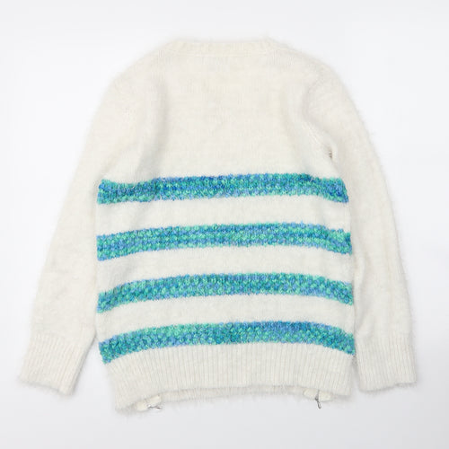 Debenhams Womens White Round Neck Striped Acrylic Pullover Jumper Size 10