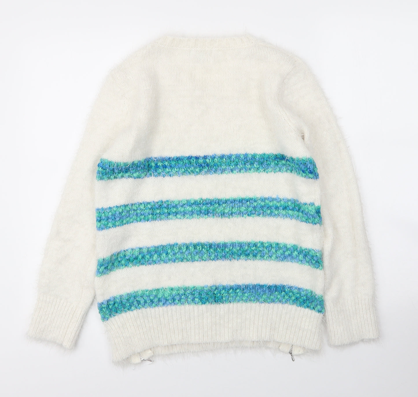 Debenhams Womens White Round Neck Striped Acrylic Pullover Jumper Size 10