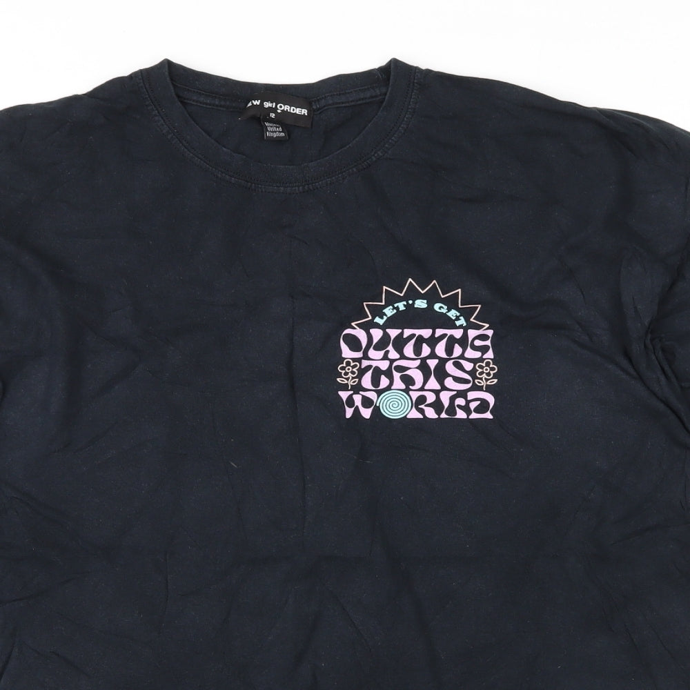 New Girl Order Womens Black  Cotton Basic T-Shirt Size 12 Round Neck