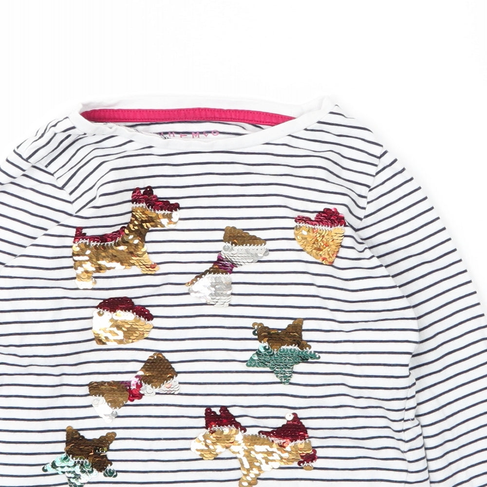 Nutmeg Girls White Striped Cotton Basic T-Shirt Size 7 Years Round Neck