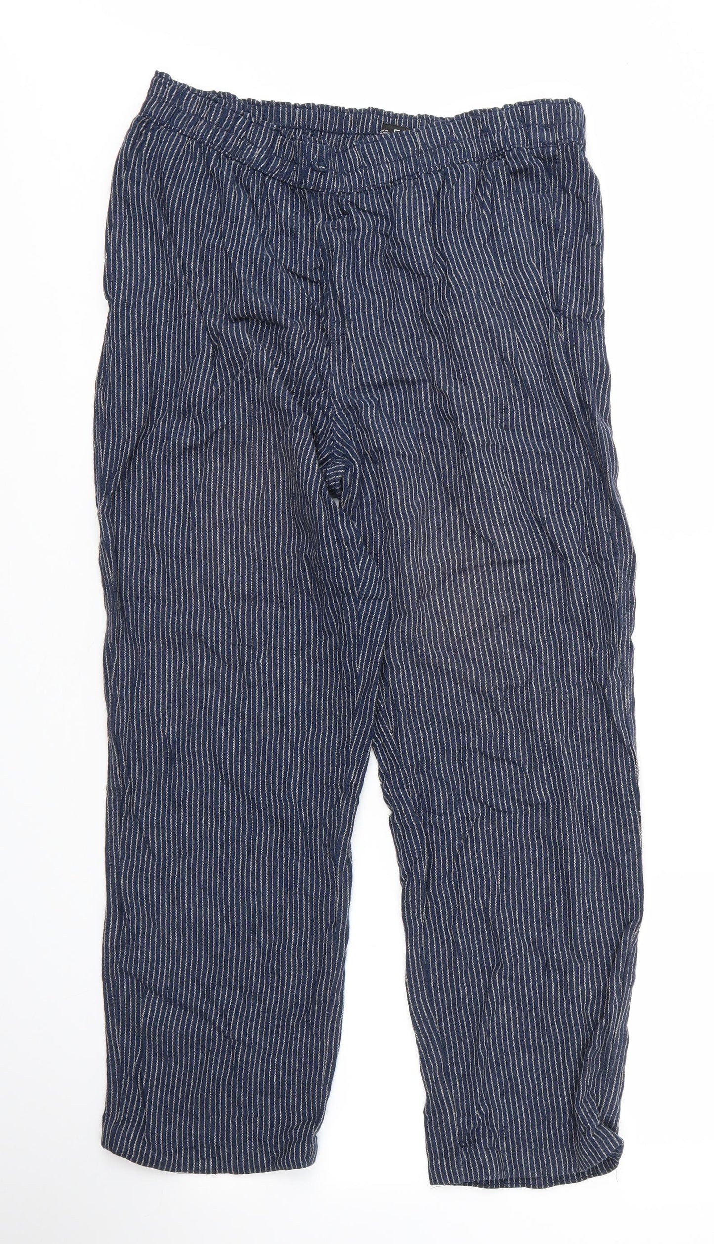 F&F Womens Blue Striped Linen Trousers  Size 12 L24 in Regular