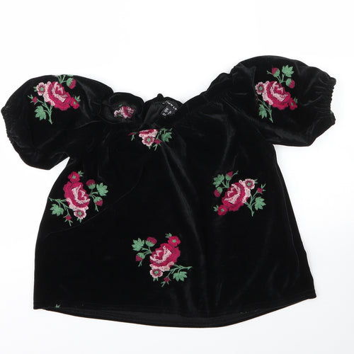 New Look Womens Black Floral Polyester Basic Blouse Size 10 Boat Neck