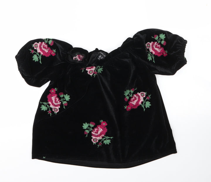 New Look Womens Black Floral Polyester Basic Blouse Size 10 Boat Neck