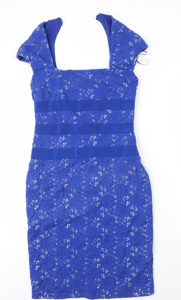 Gina Bacconi Womens Blue Floral Cotton Sheath Size 10 Square Neck Button