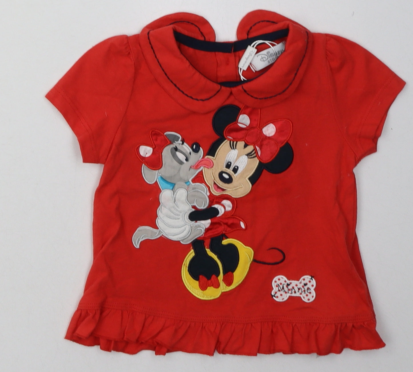 disney store Girls Red  Cotton Basic T-Shirt Size 12-18 Months Crew Neck Button - Minnie Mouse