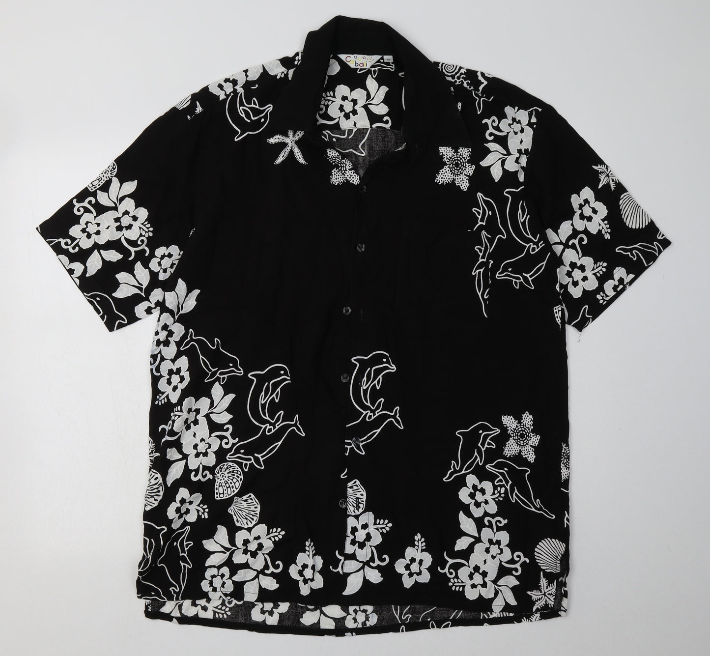 cabali Mens Black Geometric Viscose  Button-Up Size XL Collared Button - Sea Creatures