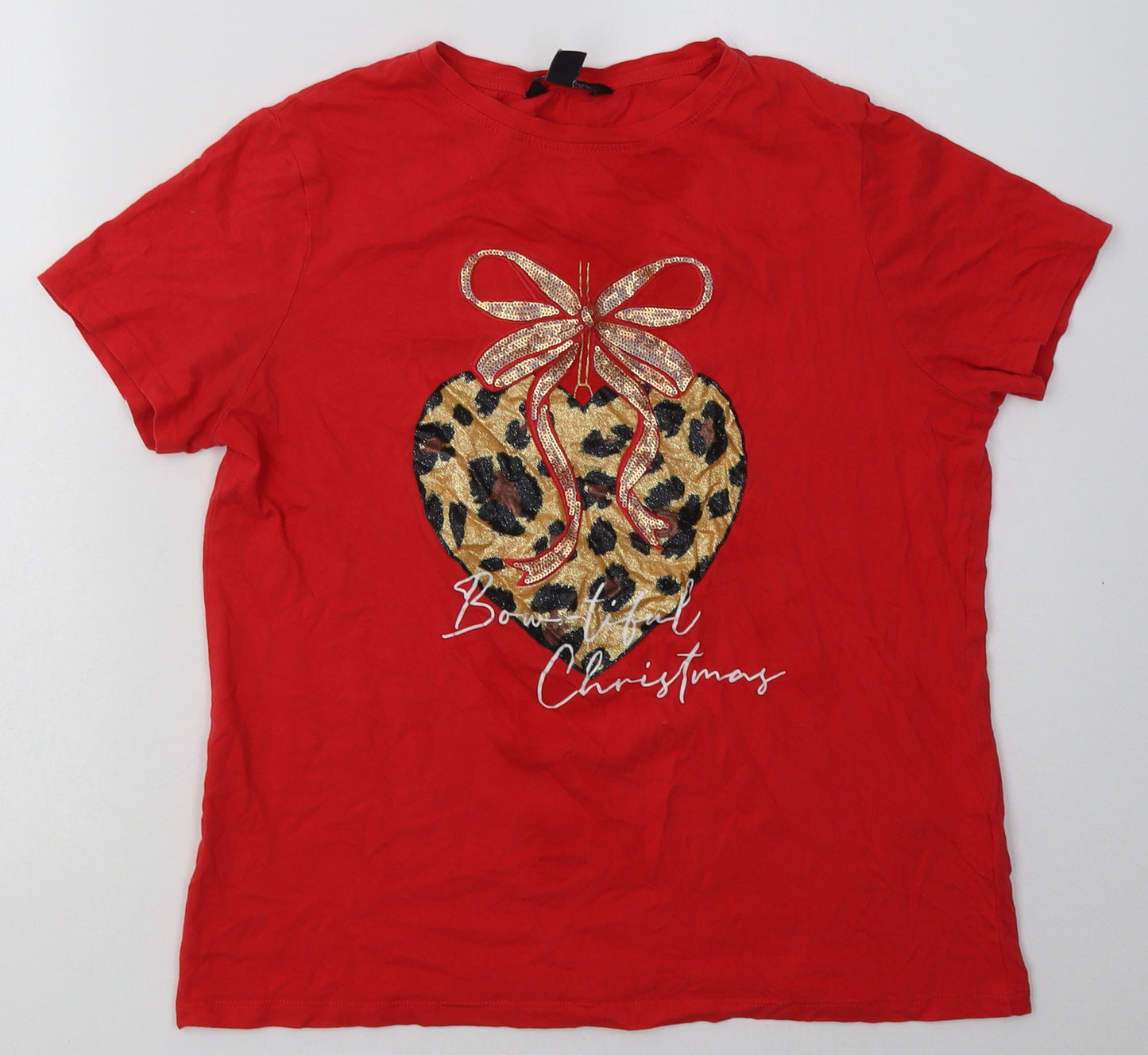New Look Womens Red  Cotton Basic T-Shirt Size 10 Crew Neck - beautiful christmas