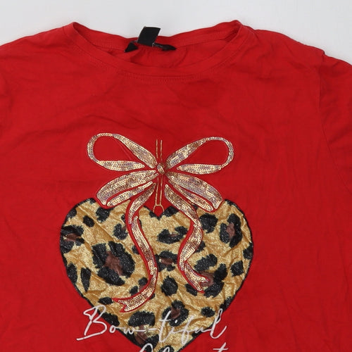 New Look Womens Red  Cotton Basic T-Shirt Size 10 Crew Neck - beautiful christmas