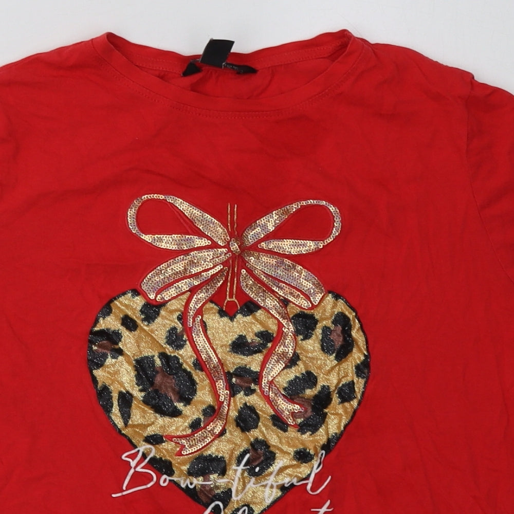 New Look Womens Red  Cotton Basic T-Shirt Size 10 Crew Neck - beautiful christmas