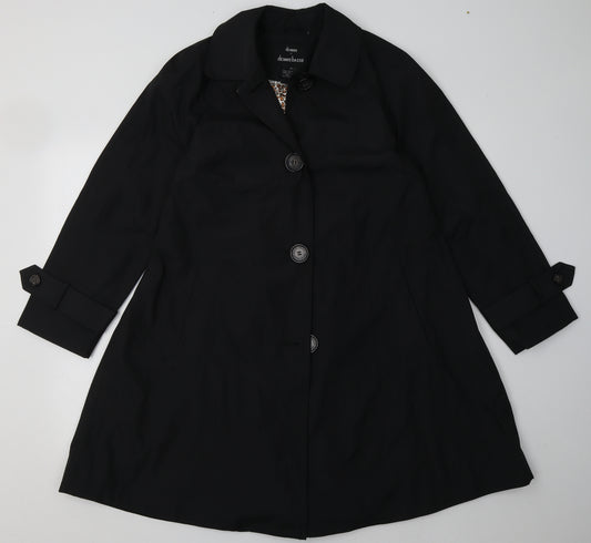 Front view of Dennis Basso women’s black overcoat coat, size XS, button